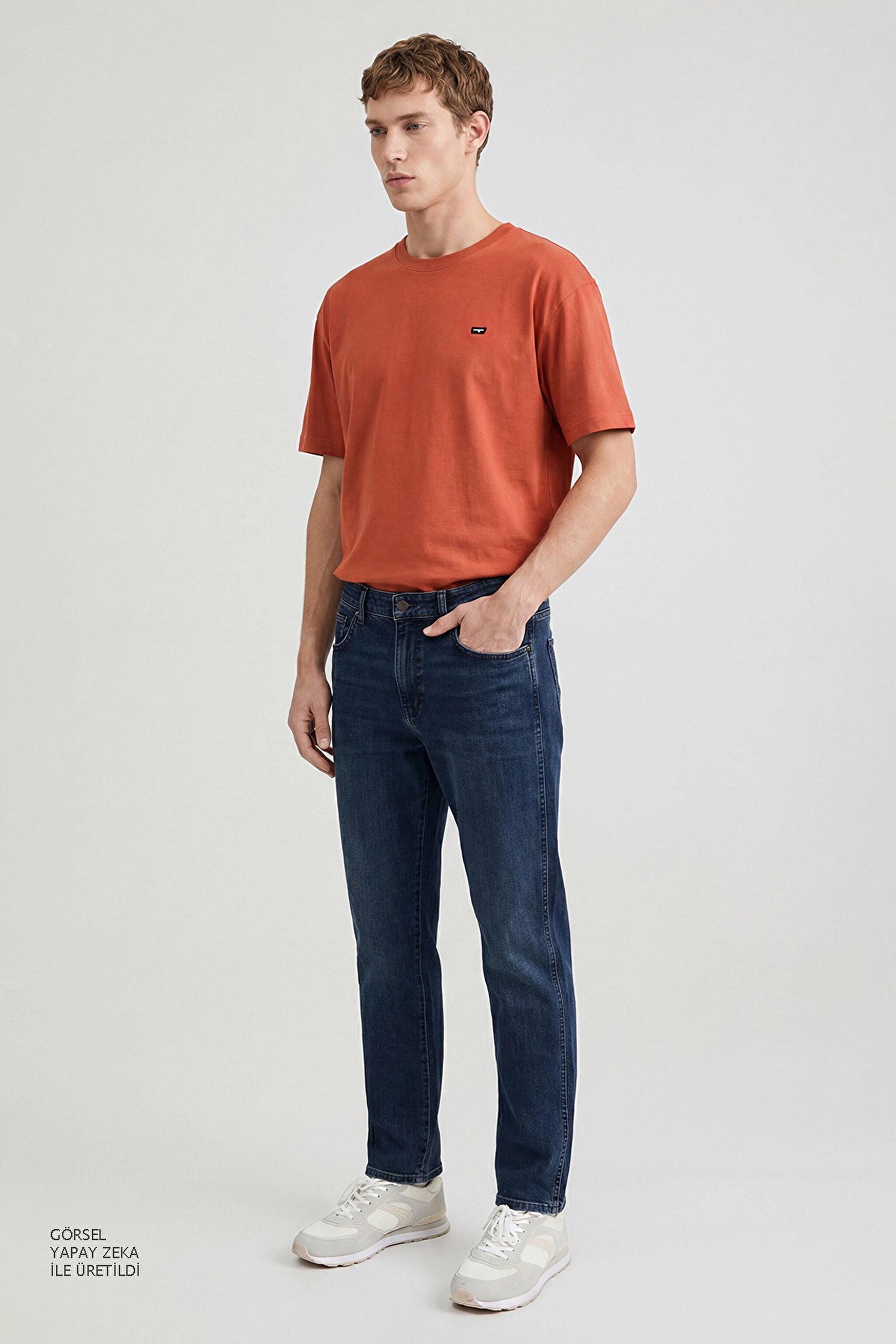 %100 Pamuk Relaxed Fit Rahat Kesim Bisiklet Yaka Tişört - Brick-W7NM203877222 (görsel 4)