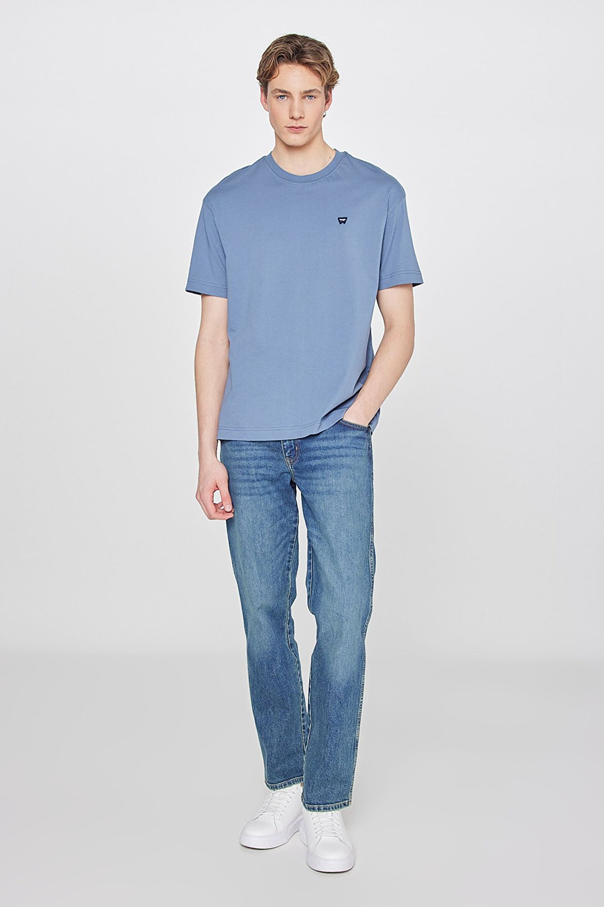 %100 Pamuk Relaxed Fit Rahat Kesim Bisiklet Yaka Logo Detaylı Tişört - Dusty Blue-W7NM203877223 (görsel 3)