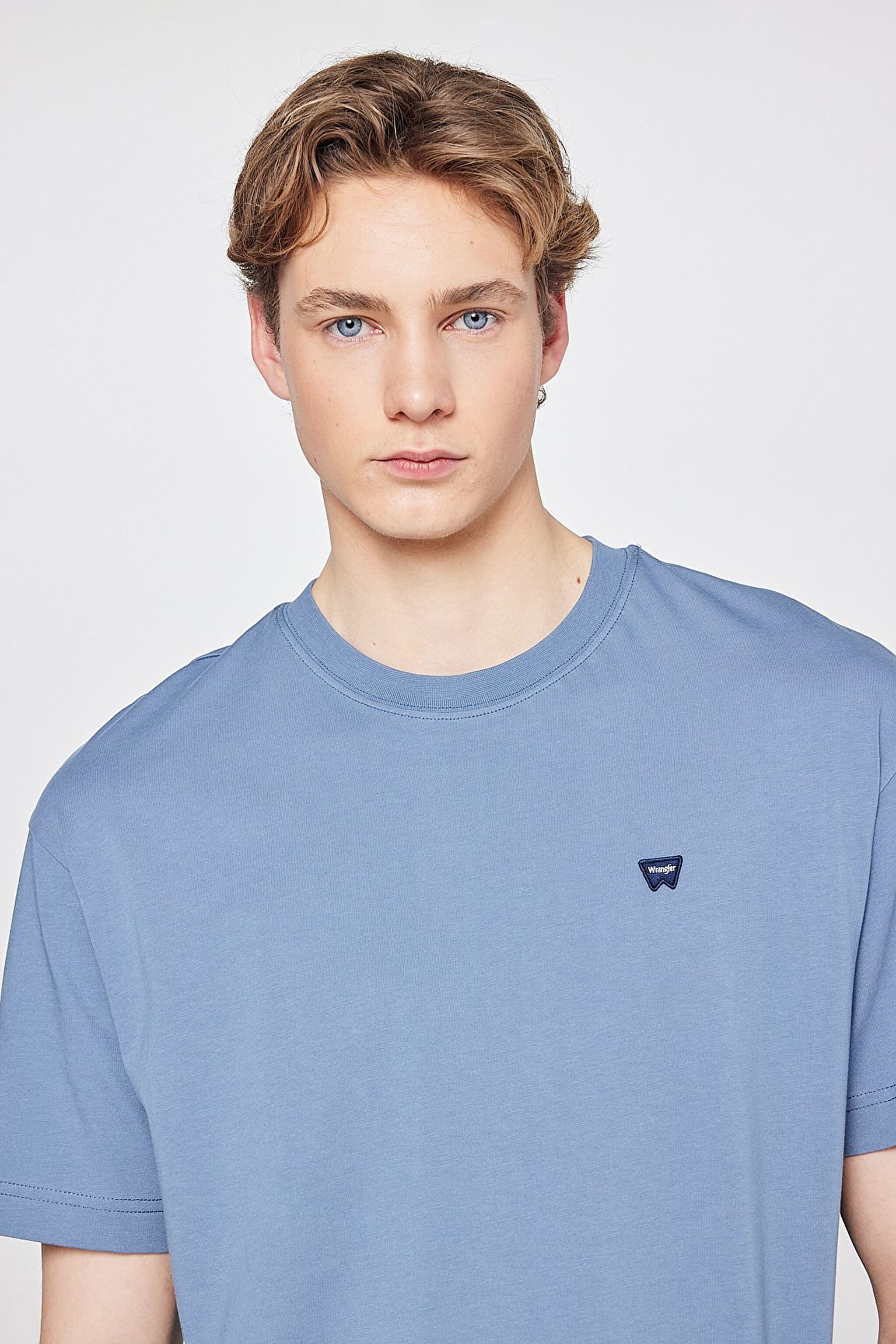 %100 Pamuk Relaxed Fit Rahat Kesim Bisiklet Yaka Logo Detaylı Tişört - Dusty Blue-W7NM203877223 (görsel 4)