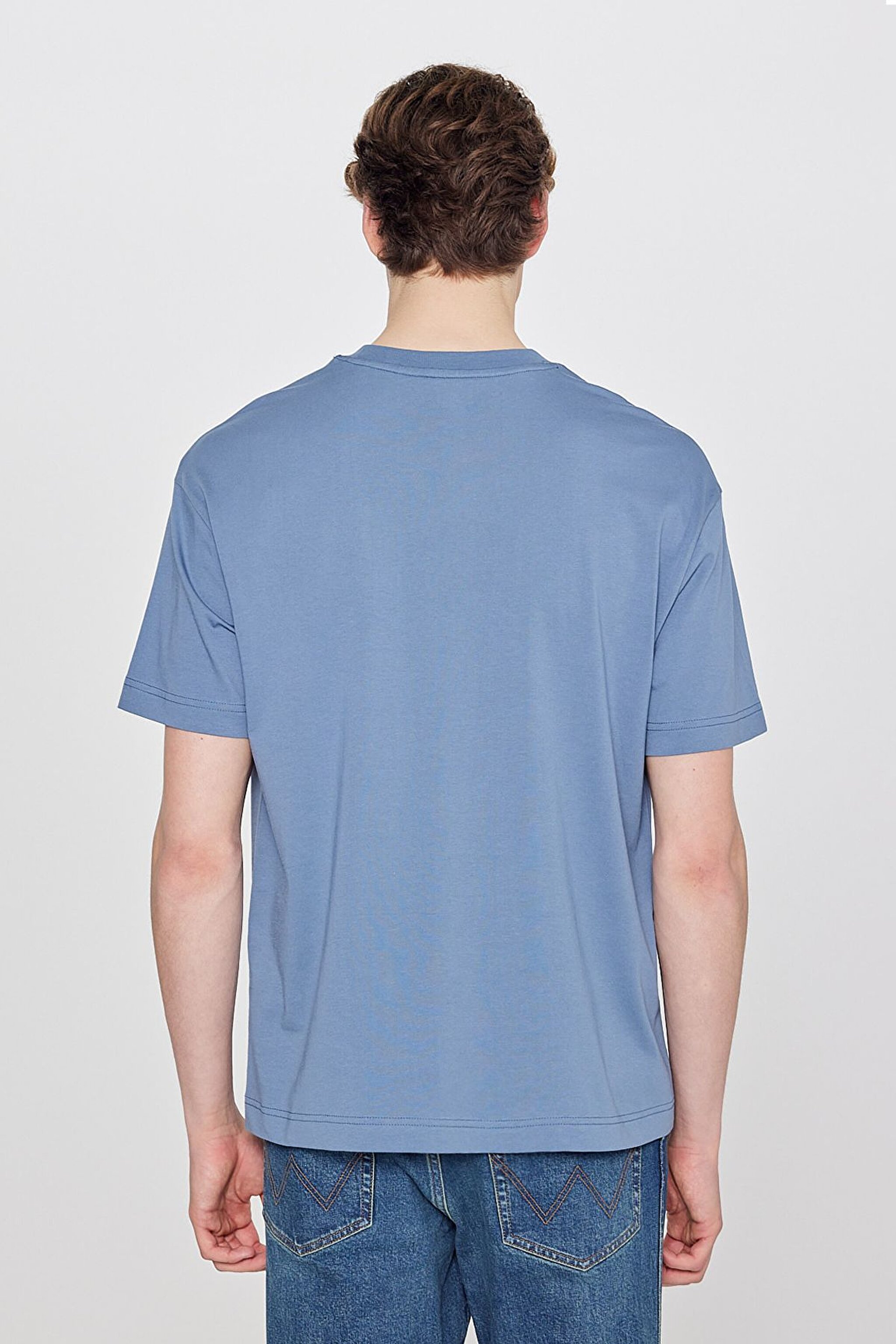 %100 Pamuk Relaxed Fit Rahat Kesim Bisiklet Yaka Logo Detaylı Tişört - Dusty Blue-W7NM203877223 (görsel 5)