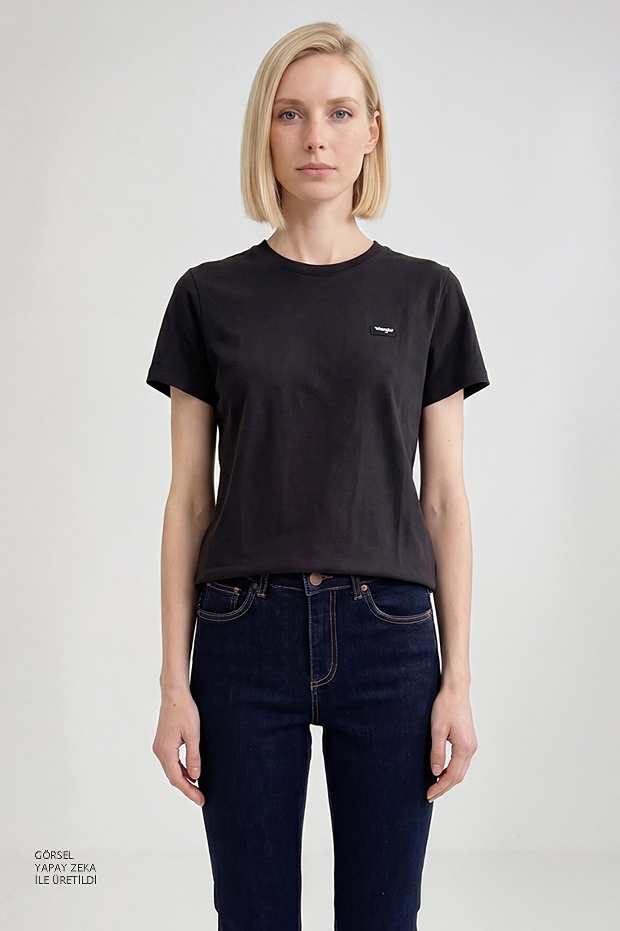 %100 Pamuk Regular Fit Normal Kesim Bisiklet Yaka Patch Logo Siyah Tişört - Black-W7Q05920936 (görsel 4)