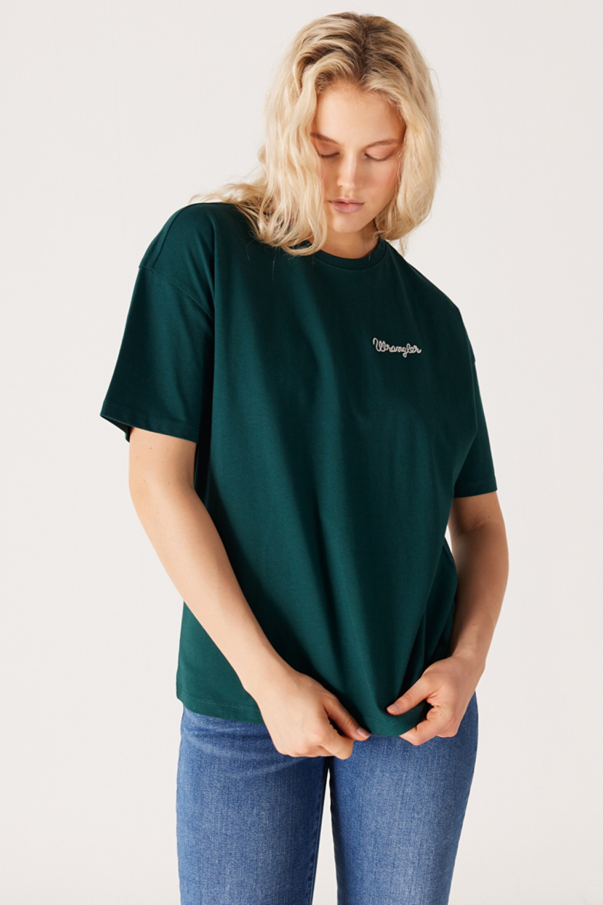 Loose Fit Rahat Kesim %100 Pamuk Bisiklet Yaka Yeşil Tişört - Dark Matcha-W7R9EEG61