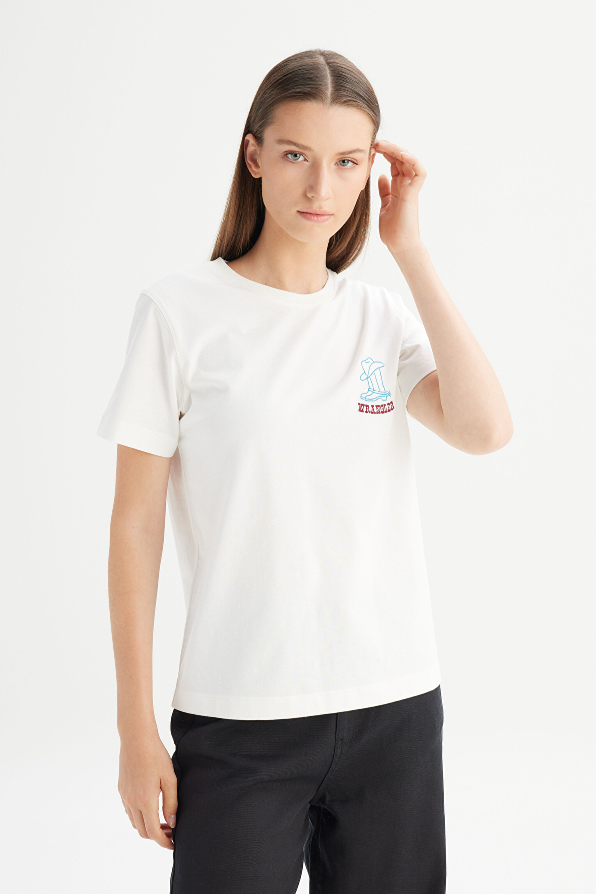 %100 Pamuk Regular Fit Normal Kesim Bisiklet Yaka Baskılı Beyaz Tişört