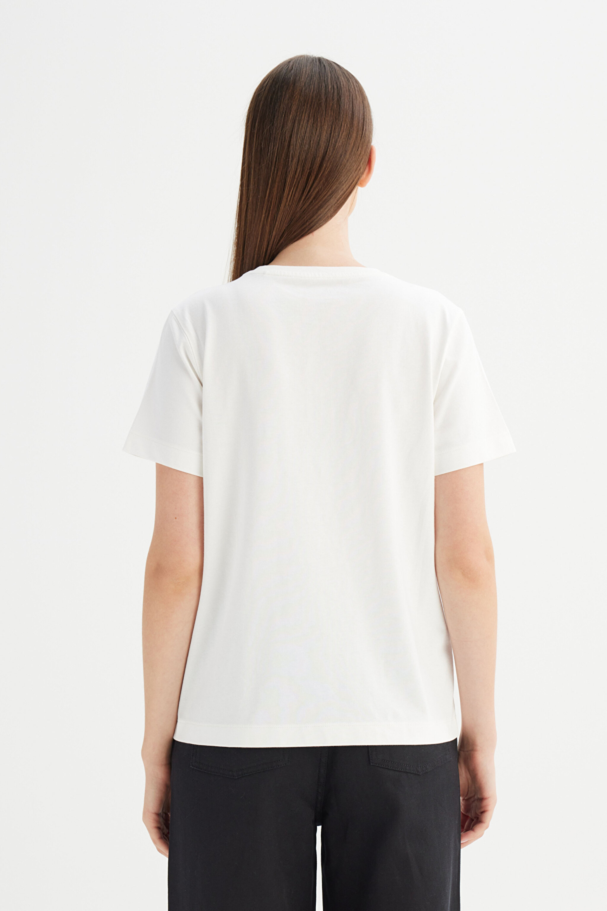 %100 Pamuk Regular Fit Normal Kesim Bisiklet Yaka Baskılı Beyaz Tişört - Worn White-W7XB5920W02 (görsel 5)