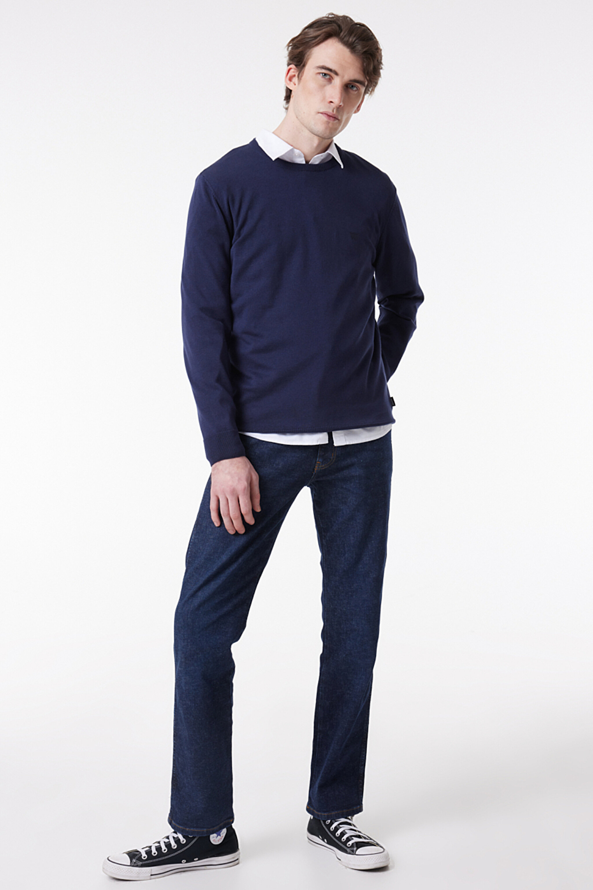 Regular Fit Normal Kesim Sıfır Yaka Triko - Navy-W8A02P114 (görsel 3)