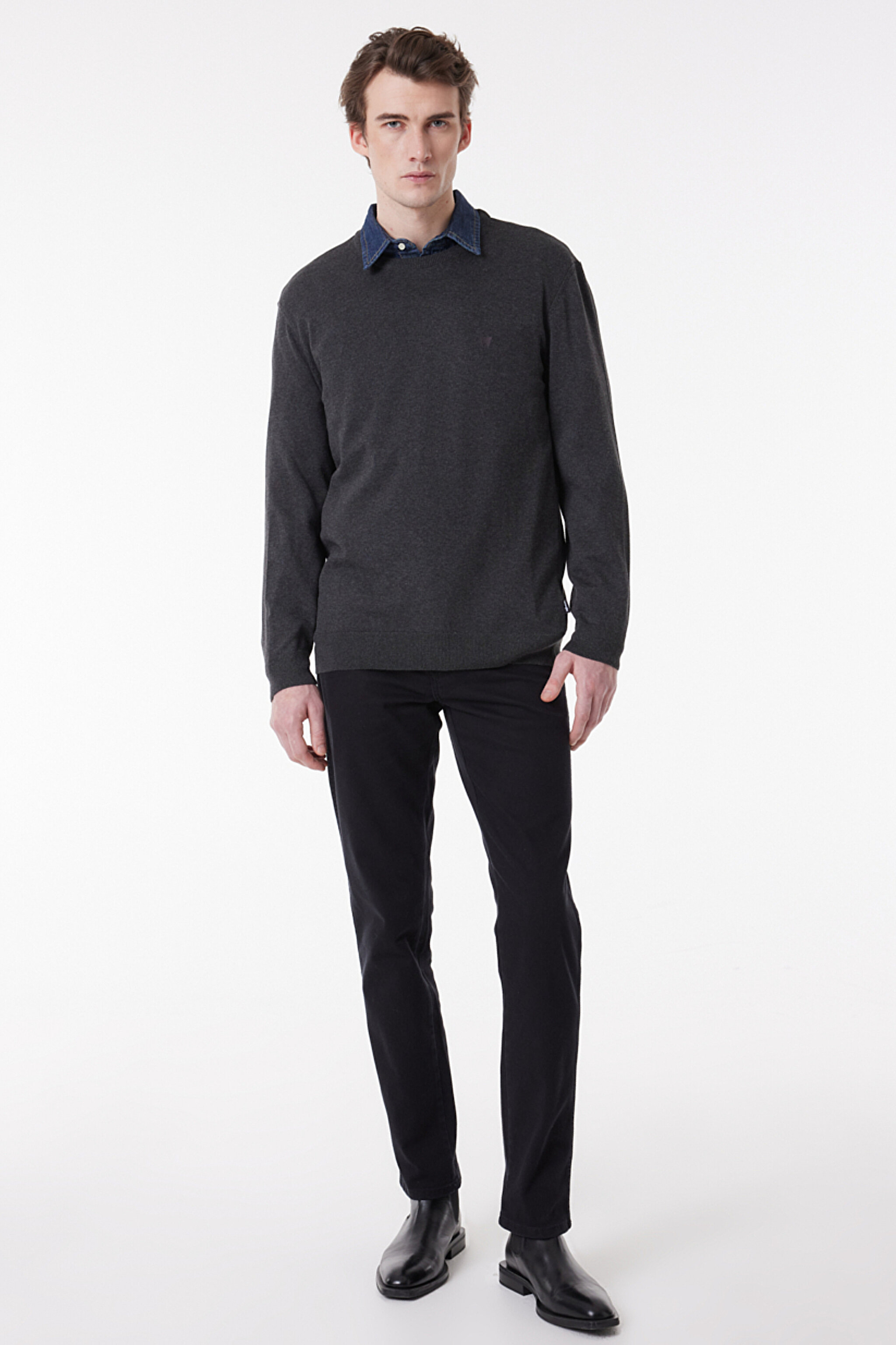 Regular Fit Normal Kesim Sıfır Yaka Triko - Gray Melange-W8A02PX06 (görsel 2)