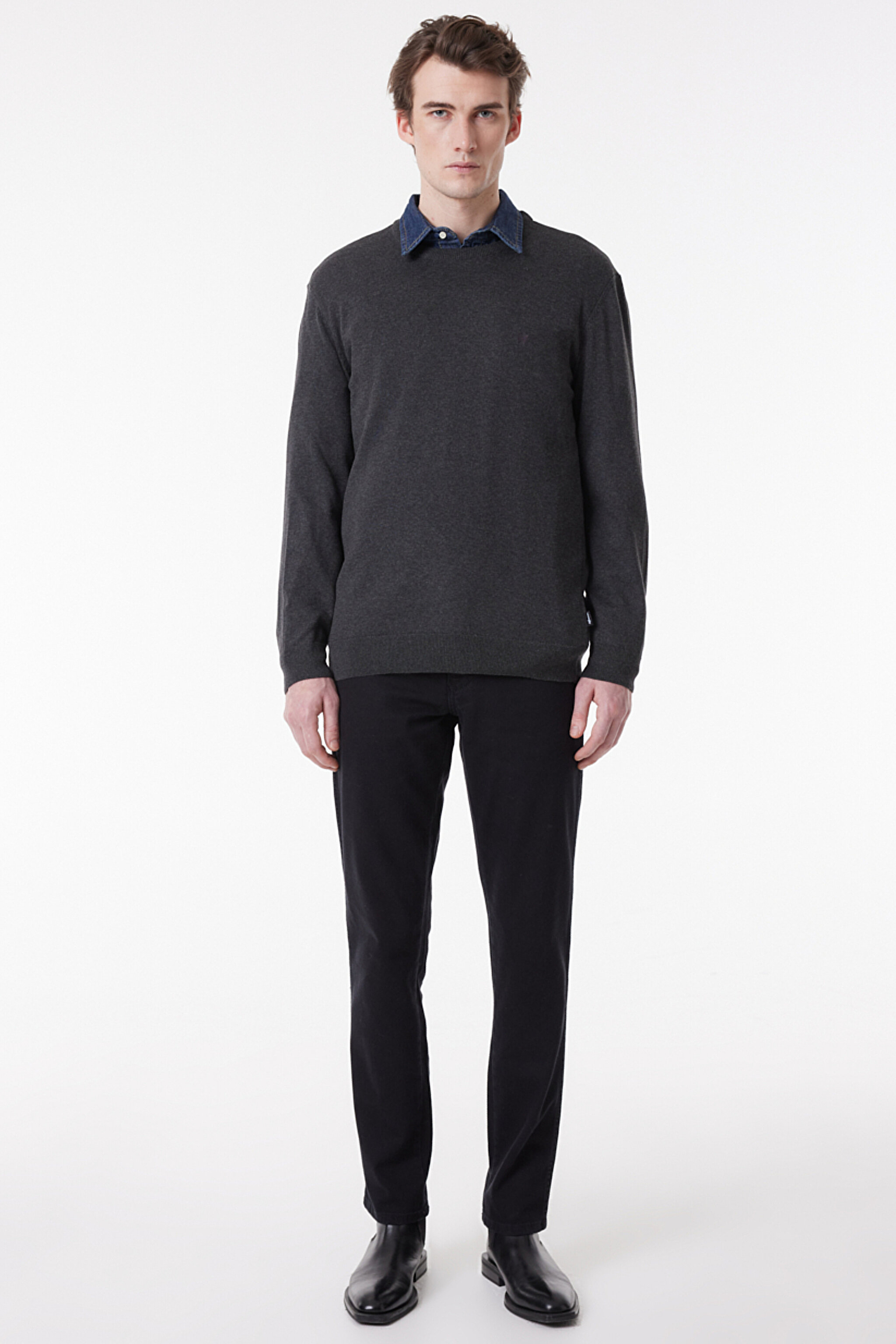Regular Fit Normal Kesim Sıfır Yaka Triko - Gray Melange-W8A02PX06 (görsel 3)