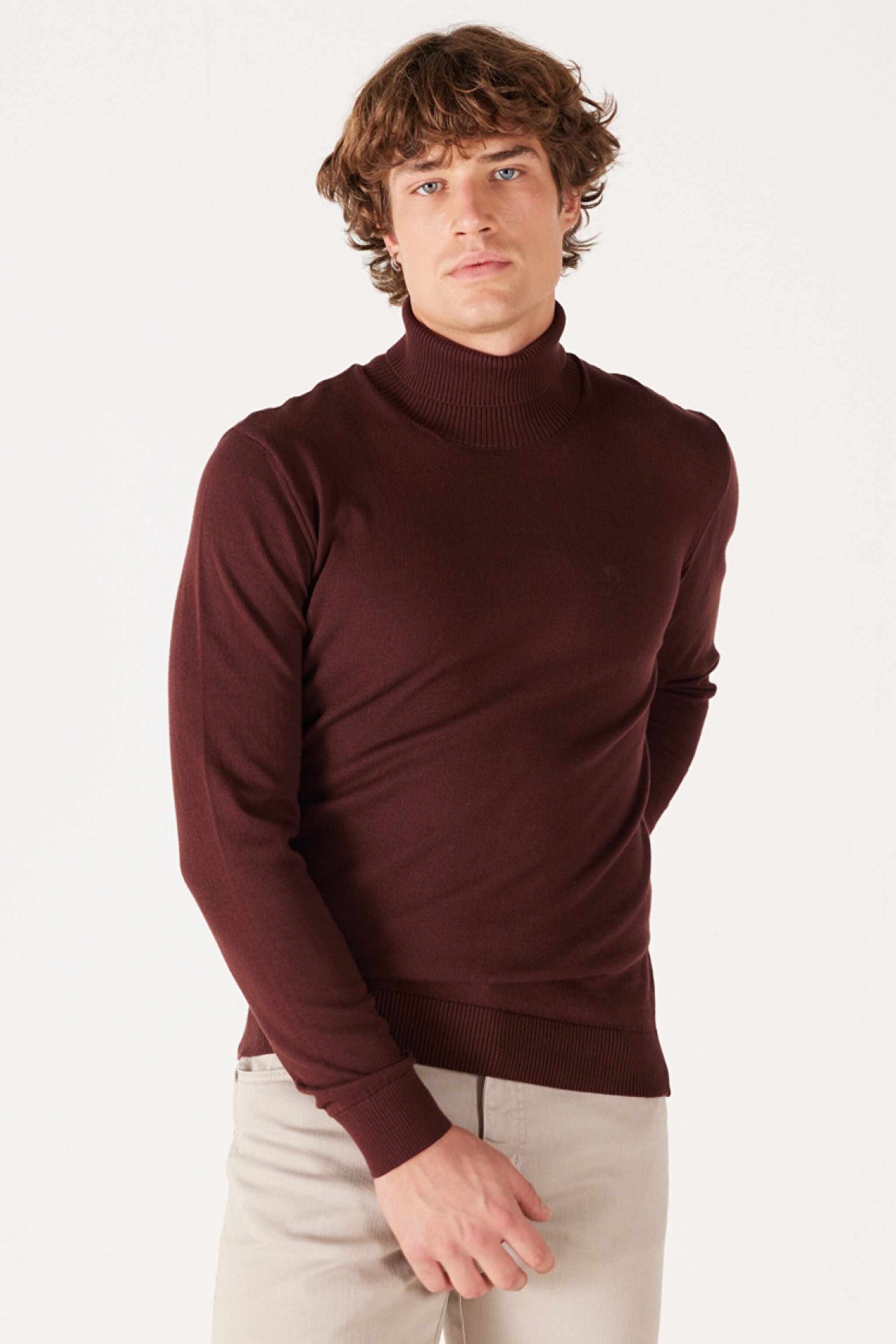 Regular Fit Normal Kesim %100 Pamuk Balıkçı Yaka Bordo Triko - Dahlia-W8D42PH45