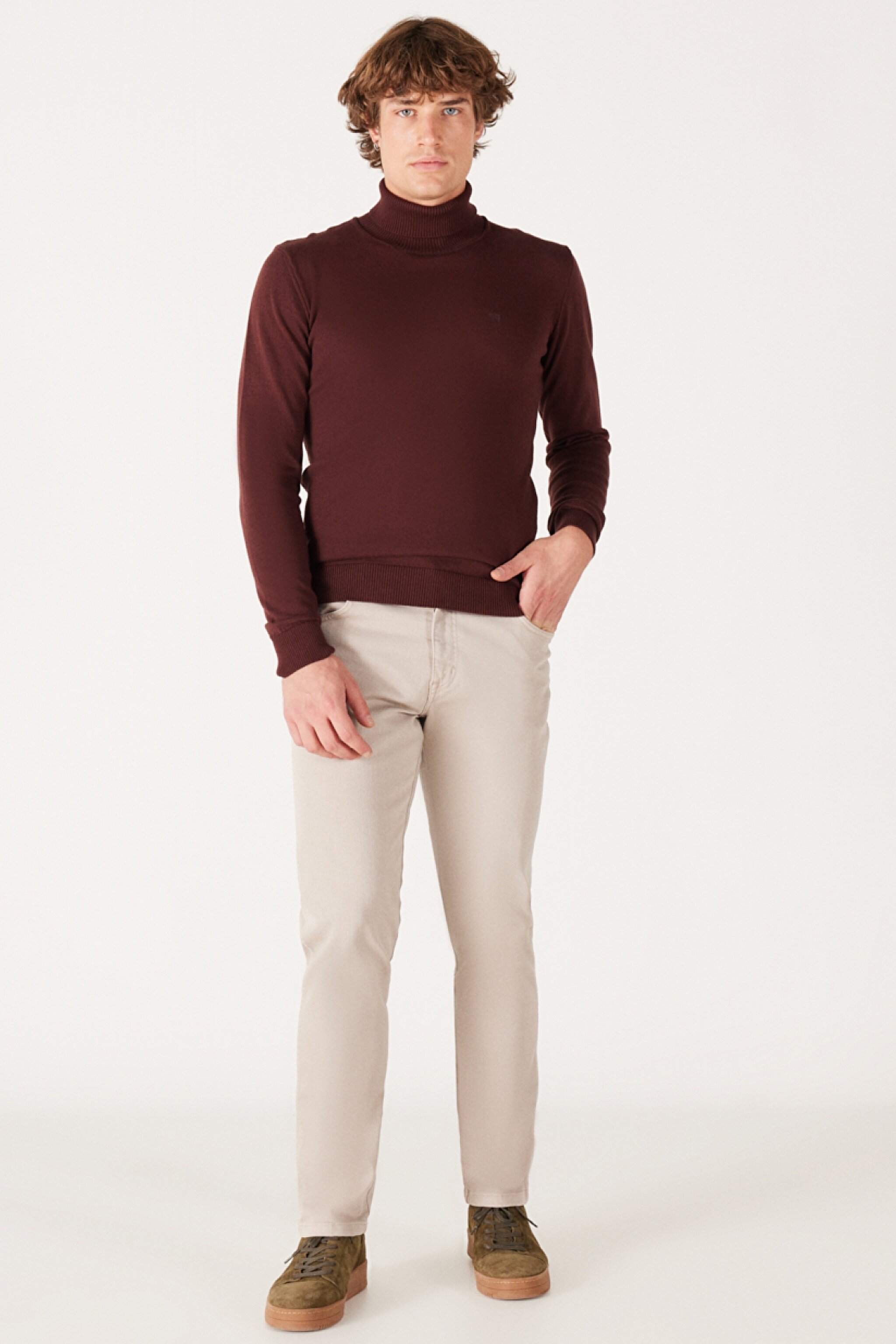 Regular Fit Normal Kesim %100 Pamuk Balıkçı Yaka Bordo Triko - Dahlia-W8D42PH45 (görsel 4)