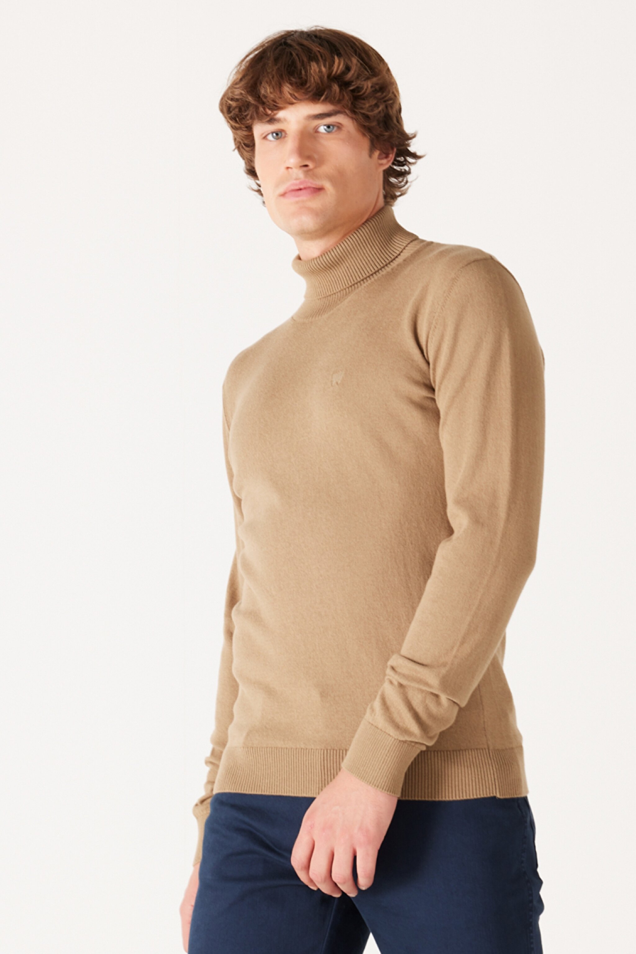 Regular Fit Normal Kesim %100 Pamuk Balıkçı Yaka Bej Triko - Lead Grey-W8D42PM24 (görsel 3)