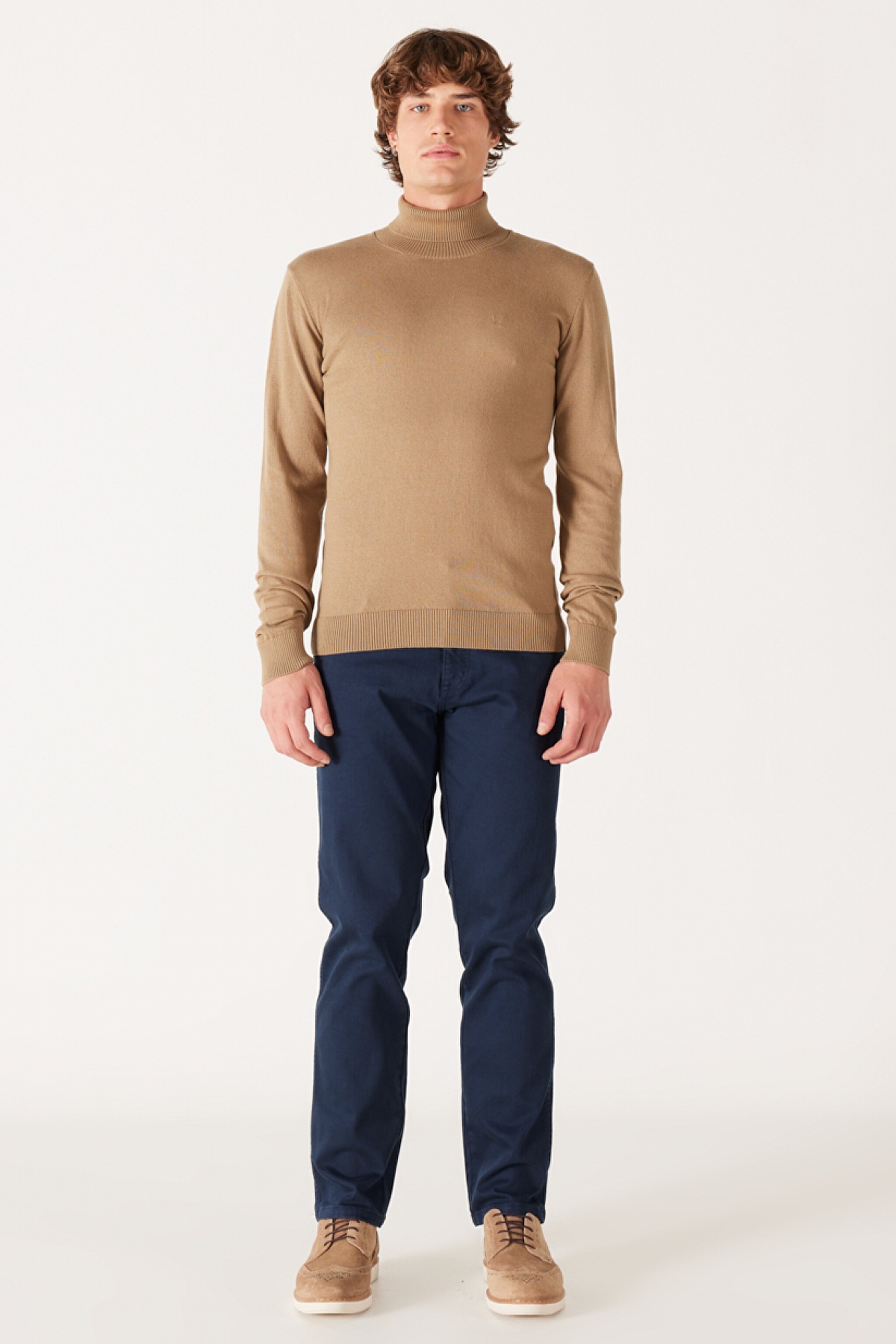 Regular Fit Normal Kesim %100 Pamuk Balıkçı Yaka Bej Triko - Lead Grey-W8D42PM24 (görsel 5)