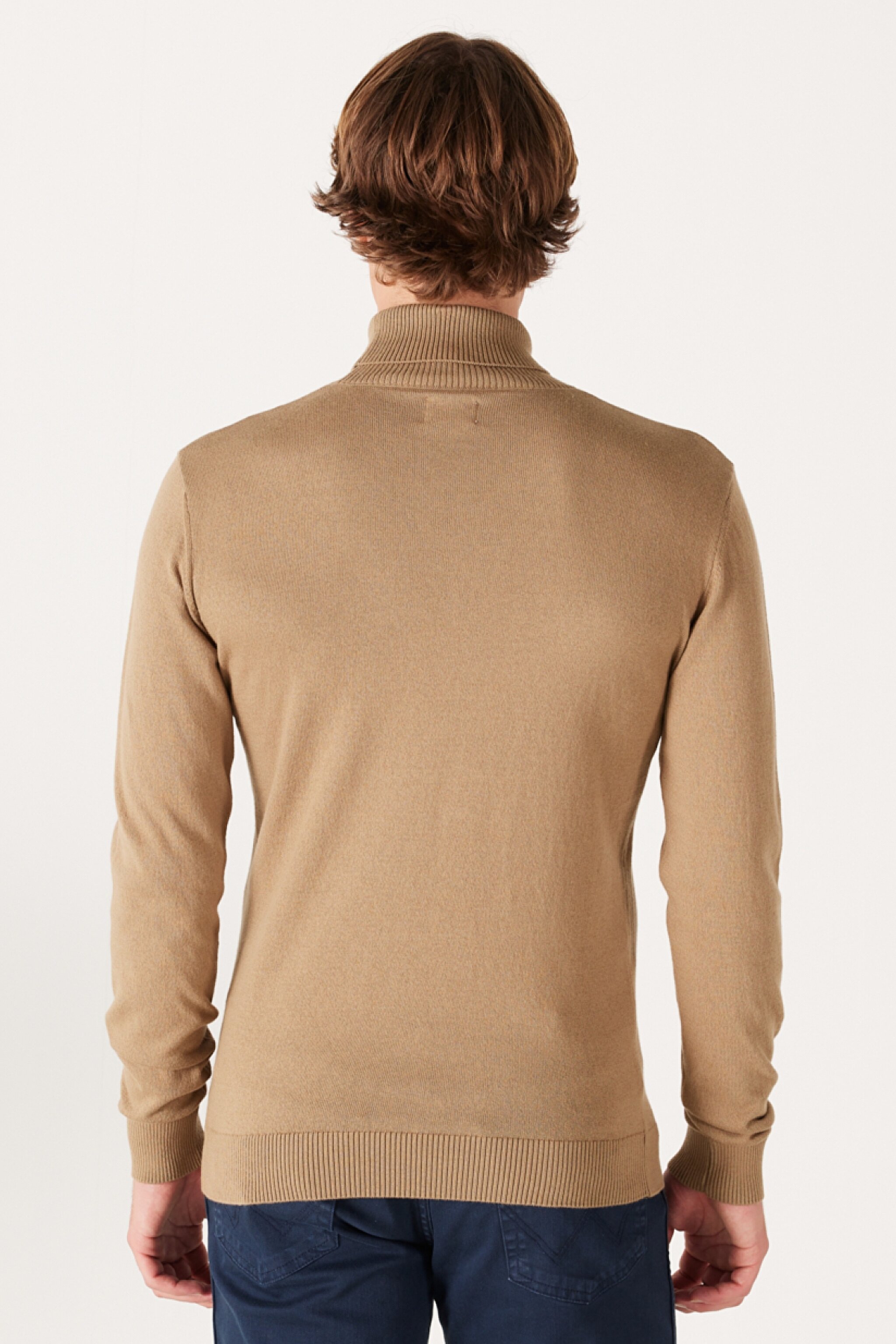 Regular Fit Normal Kesim %100 Pamuk Balıkçı Yaka Bej Triko - Lead Grey-W8D42PM24 (görsel 6)