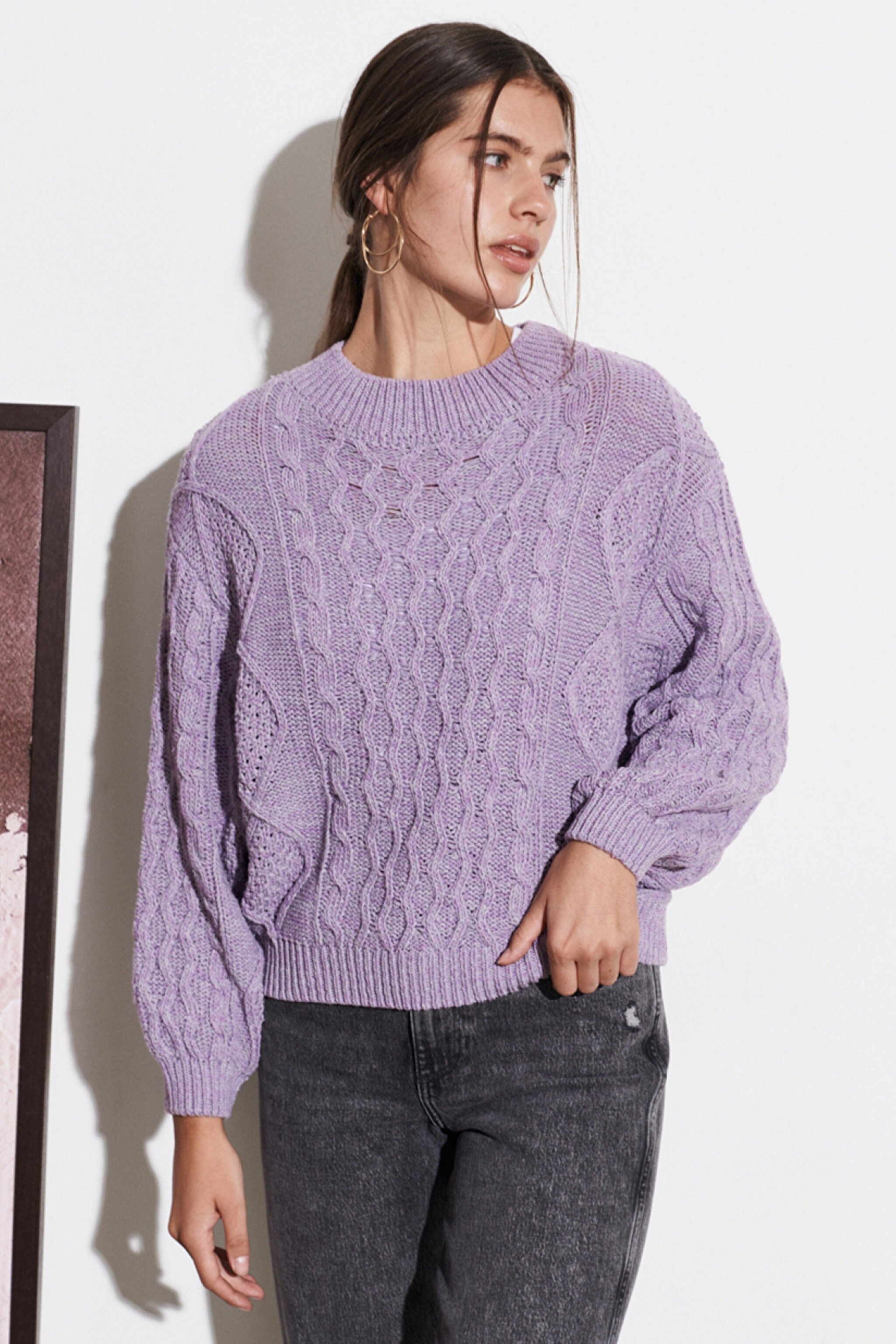 Regular Fit Normal Kesim Bisiklet Yaka Lila Triko Kazak - Bougainville Purple-W8P8PUP54 (görsel 2)