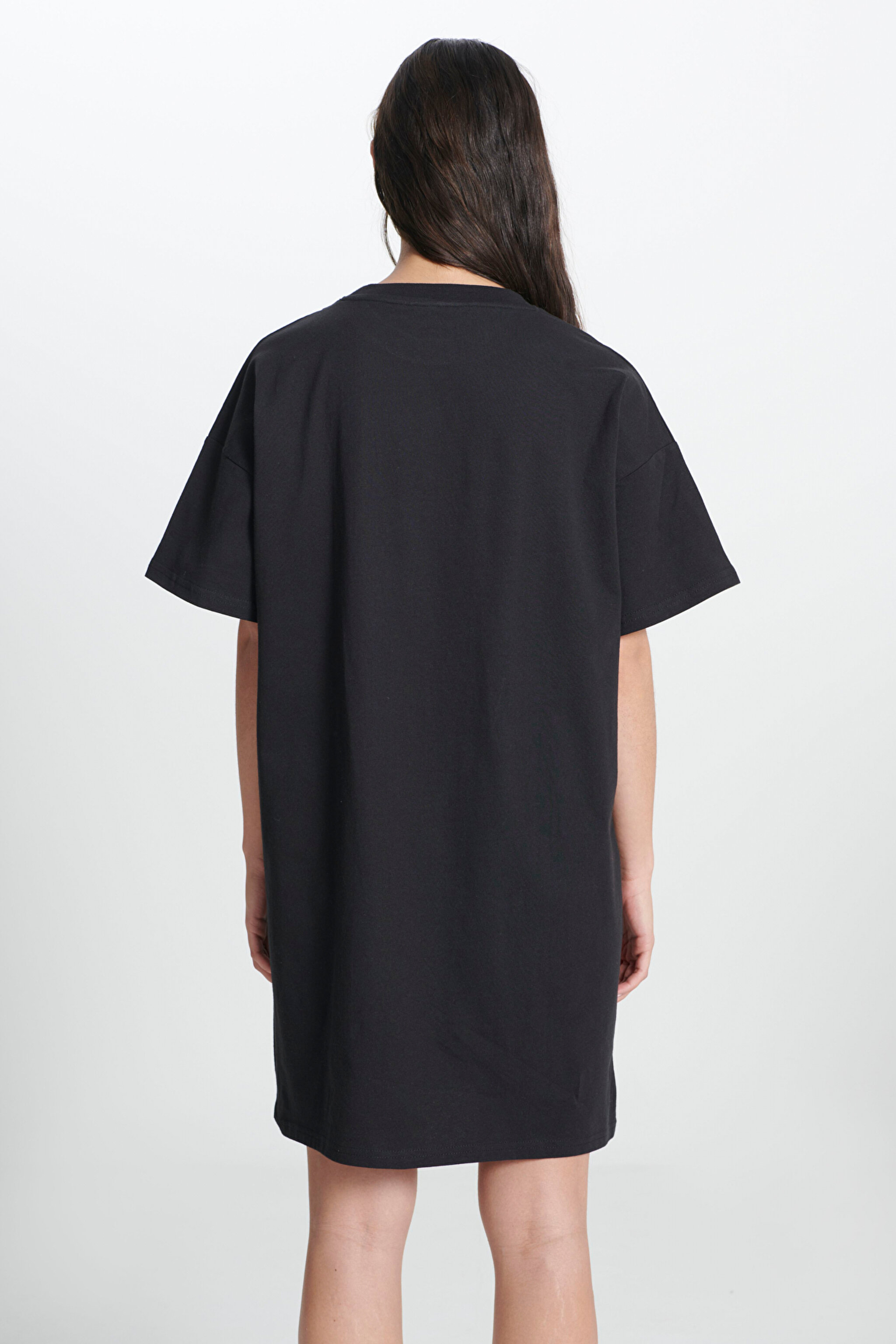 Loose Fit Rahat Kesim %100 Pamuk Kısa Kollu Siyah Elbise - Wornblack-W9P9GFZ01 (görsel 5)