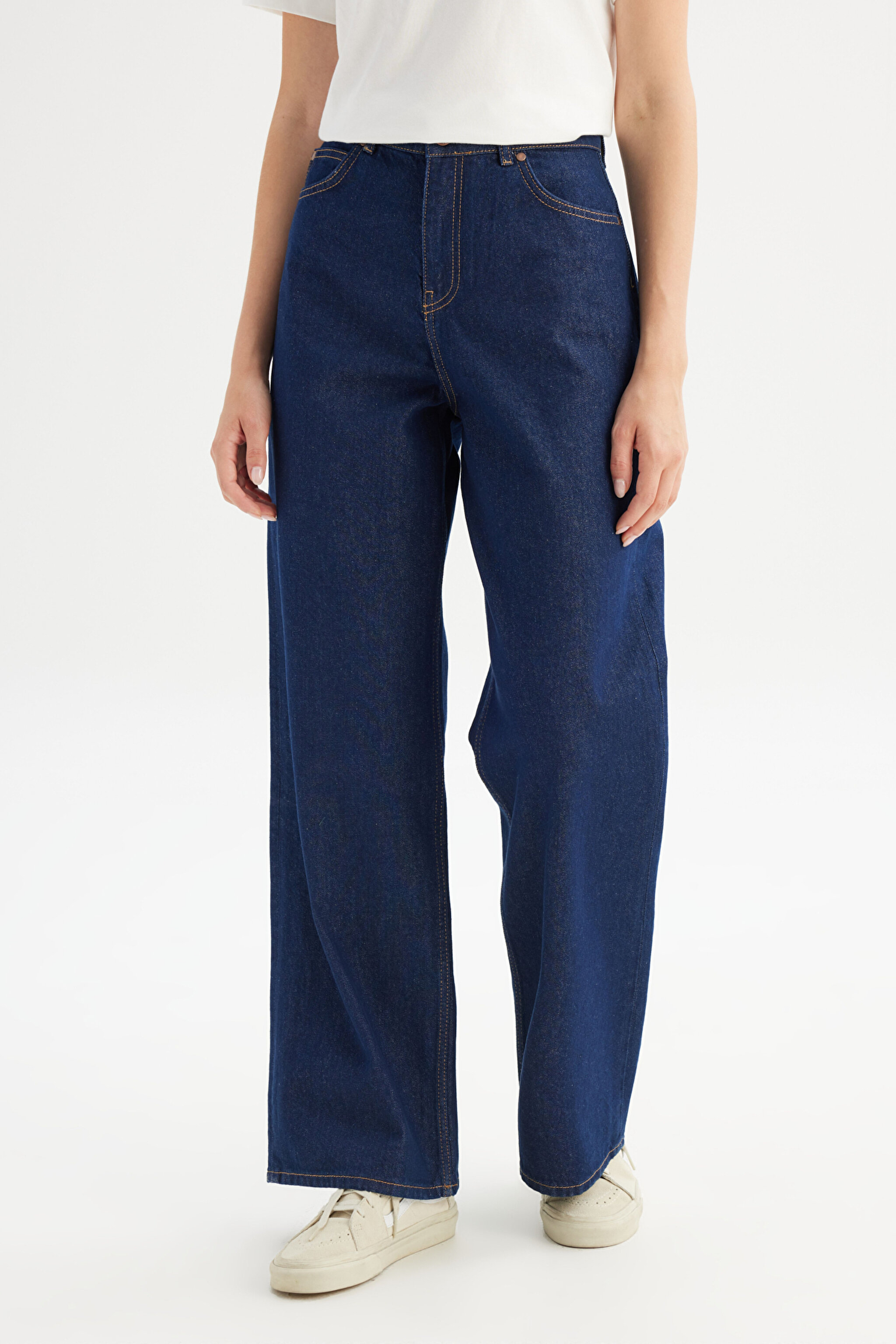 %100 Pamuk Wide Leg Yüksek Bel Geniş Paça Koyu Mavi Denim Pantolon - Rinse-WNW10000136 (görsel 2)