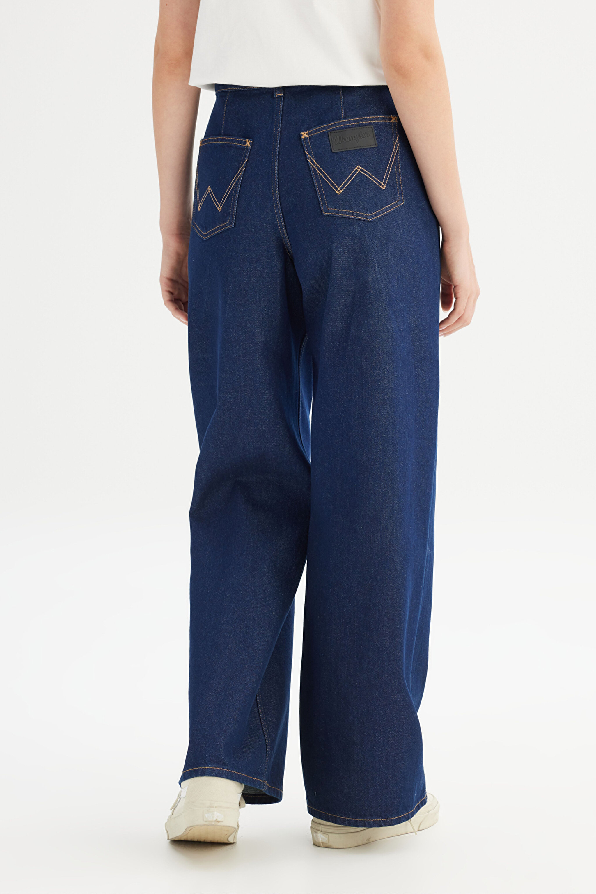100 Pamuk Wide Leg Yüksek Bel Geniş Paça Koyu Mavi Denim Pantolon