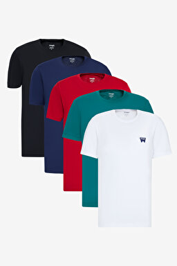 %100 Pamuk Regular Fit Normal Kesim Turkuaz Siyah Lacivert Kırmızı Beyaz 5'li Paket Tişört - BayGreen-Black-Navy-Scarlet Red-BN5W70MD3GBNRW