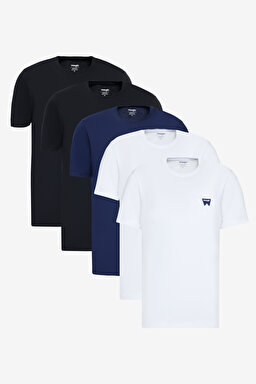 %100 Pamuk Regular Fit Normal Kesim Siyah Beyaz 5'li Paket Tişört - White-White-White-Black-Black-BN5W70MD3WWWBB