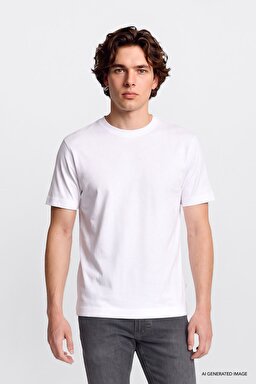 %100 Pamuk Regular Fit Normal Kesim Bisiklet Yaka Basic Tişört - Off White-GL2520112102
