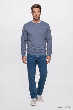 Pamuklu Regular Fit Normal Kesim Bisiklet Yaka Logo Detaylı Sweatshirt - Blue-GW2520255400 (görsel 2)