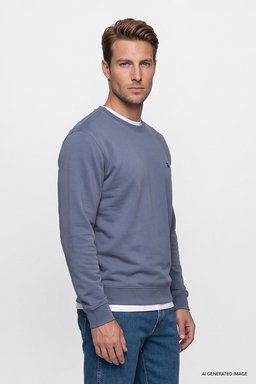 Pamuklu Regular Fit Normal Kesim Bisiklet Yaka Logo Detaylı Sweatshirt - Blue-GW2520255400 (görsel 3)