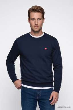 Pamuklu Regular Fit Normal Kesim Bisiklet Yaka Logo Detaylı Sweatshirt - Navy-GW2520255410 (görsel 3)
