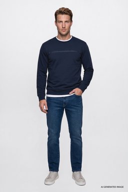 Pamuklu Regular Fit Normal Kesim Bisiklet Yaka Sweatshirt - Navy-GW2520534410 (görsel 2)