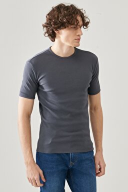 Regular Fit Normal Kesim Sıfır Yaka %100 Pamuk Basic Tişört - Anthracite-L211816003