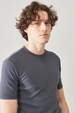 Regular Fit Normal Kesim Sıfır Yaka %100 Pamuk Basic Tişört - Anthracite-L211816003 (görsel 3)