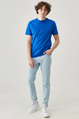 Regular Fit Rahat Kesim %100  Pamuk Kısa Kollu Crew Neck Tişört - Sax-L221069403 (görsel 2)