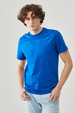 Regular Fit Rahat Kesim %100  Pamuk Kısa Kollu Crew Neck Tişört - Sax-L221069403 (görsel 3)