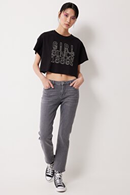 Loose Fit Rahat Kesim %100 Pamuk Bisiklet Yaka Siyah Tişört - Black-L221094001 (görsel 3)