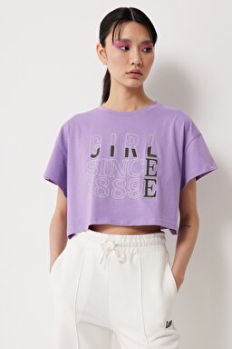 Loose Fit Rahat Kesim %100 Pamuk Bisiklet Yaka Mor Tişört - Purple-L221094499