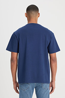 Loose Fit Rahat Kesim %100 Pamuk Bisiklet Yaka Lacivert Tişört - Navy-L222001410 (görsel 4)
