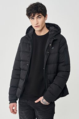 Regular Fit Normal Kesim Dik Yaka Siyah Şişme Mont - Black-L222014001 (görsel 3)