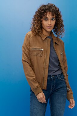 Regular Fit Normal Kesim %100 Deri Biker Ceket - Beige-L222260614