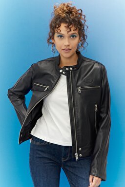 Regular Fit %100 Deri Biker Ceket - Black-L222261001 (görsel 2)