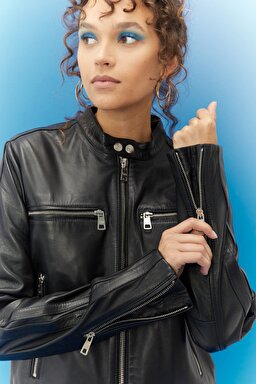 Regular Fit %100 Deri Biker Ceket - Black-L222261001 (görsel 3)