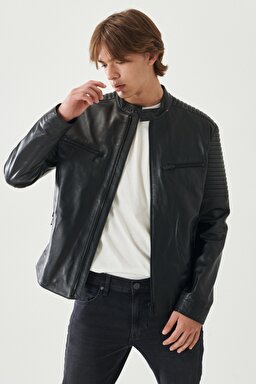 Regular Fit %100 Deri Biker Ceket - Black-L222262001