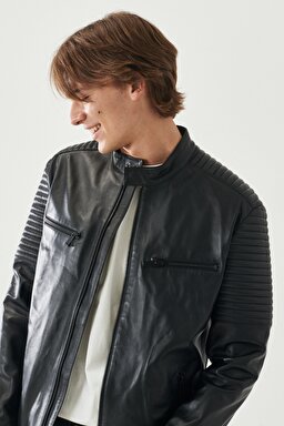 Regular Fit %100 Deri Biker Ceket - Black-L222262001 (görsel 2)