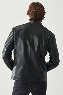 Regular Fit %100 Deri Biker Ceket - Black-L222262001 (görsel 5)