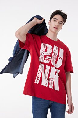 Loose Fit %100 Pamuk Bisiklet Yaka Kırmızı Tişört - Red-L222610600