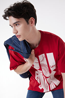 Loose Fit %100 Pamuk Bisiklet Yaka Kırmızı Tişört - Red-L222610600 (görsel 4)