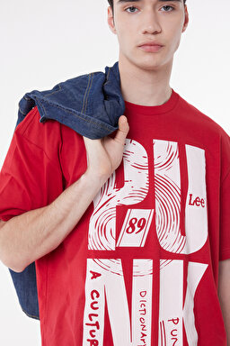 Loose Fit %100 Pamuk Bisiklet Yaka Kırmızı Tişört - Red-L222610600 (görsel 5)