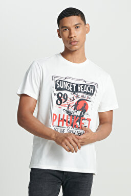 Regular Fit Normal Kesim %100 Pamuk Bisiklet Yaka Tişört - Off White-L222616102 (görsel 3)