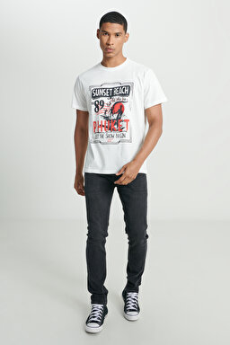 Regular Fit Normal Kesim %100 Pamuk Bisiklet Yaka Tişört - Off White-L222616102 (görsel 4)