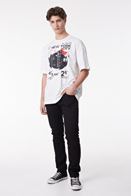 Loose Fit %100 Pamuk Bisiklet Yaka Tişört - Off White-L222617102