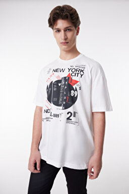 Loose Fit %100 Pamuk Bisiklet Yaka Tişört - Off White-L222617102 (görsel 2)