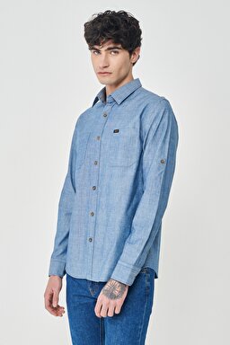 Regular Fit Normal Kesim %100 Pamuk Mavi Jean Kot Gömlek - Rinse-L23104736 (görsel 3)