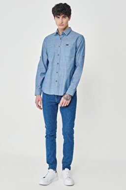 Regular Fit Normal Kesim %100 Pamuk Mavi Jean Kot Gömlek - Rinse-L23104736 (görsel 5)
